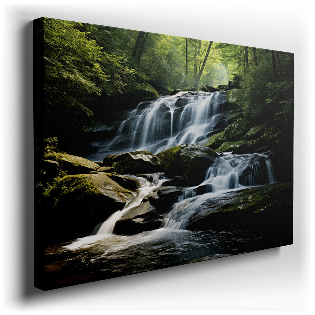 canvas print on wrapped canvas for wall decor – This exquisite wall art captures the essence of a secluded natural paradise, where a serene waterfall gracefully cascade...