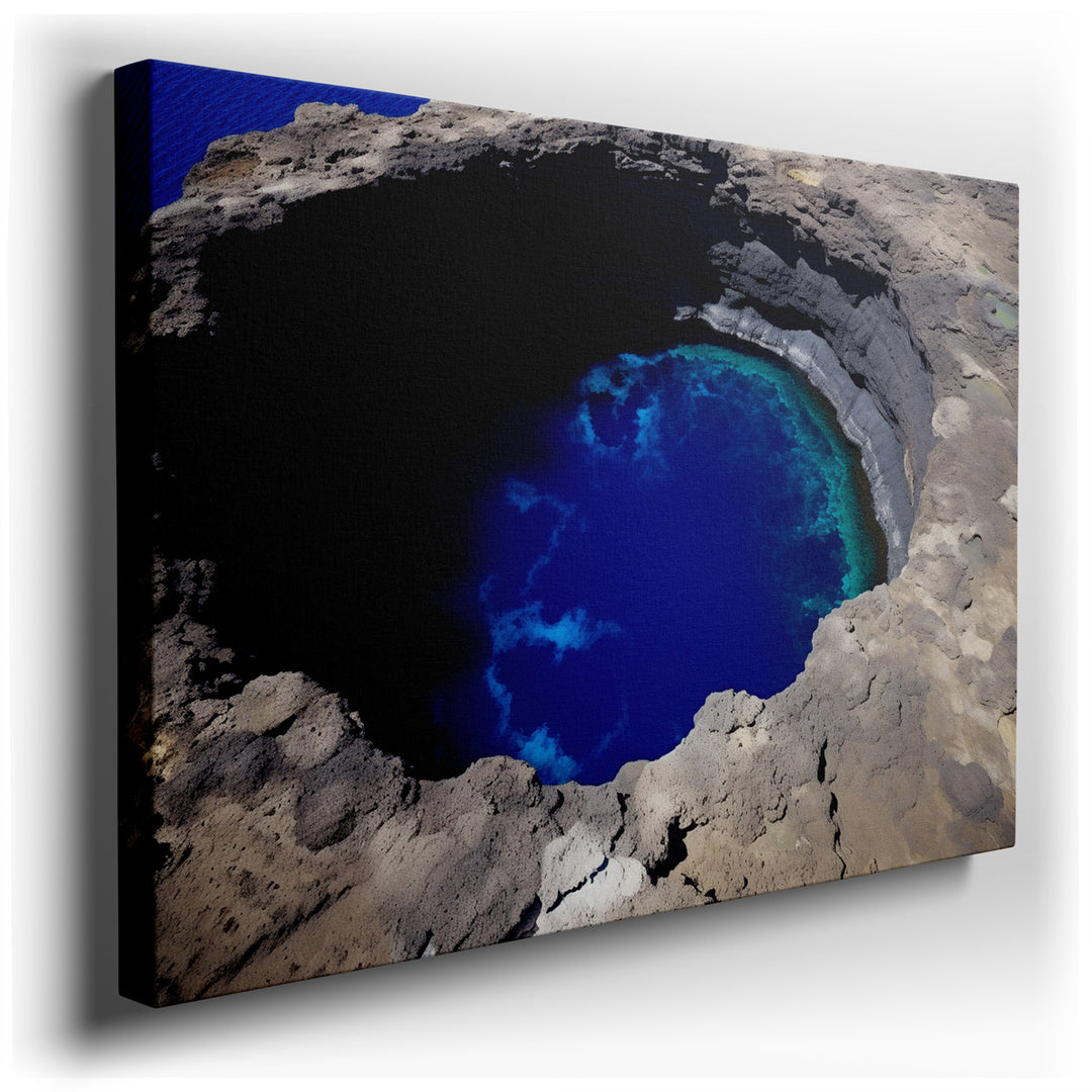 canvas print on wrapped canvas for wall decor – This wall art is a mesmerizing portrayal of a striking blue water hole, cradled within the rugged embrace of ancient lav...