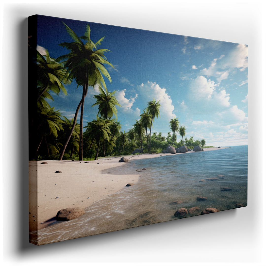 canvas print on wrapped canvas for wall decor – This wall art, a captivating depiction of a tropical beach, is an exquisite representation of serene beauty and vibrant...