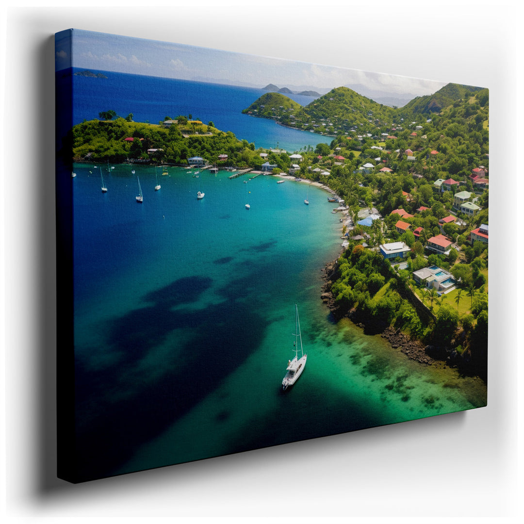 canvas print on wrapped canvas for wall decor – This wall art captures a stunning aerial perspective of a tropical coastline, where the vivid azure waters meet a lush,...