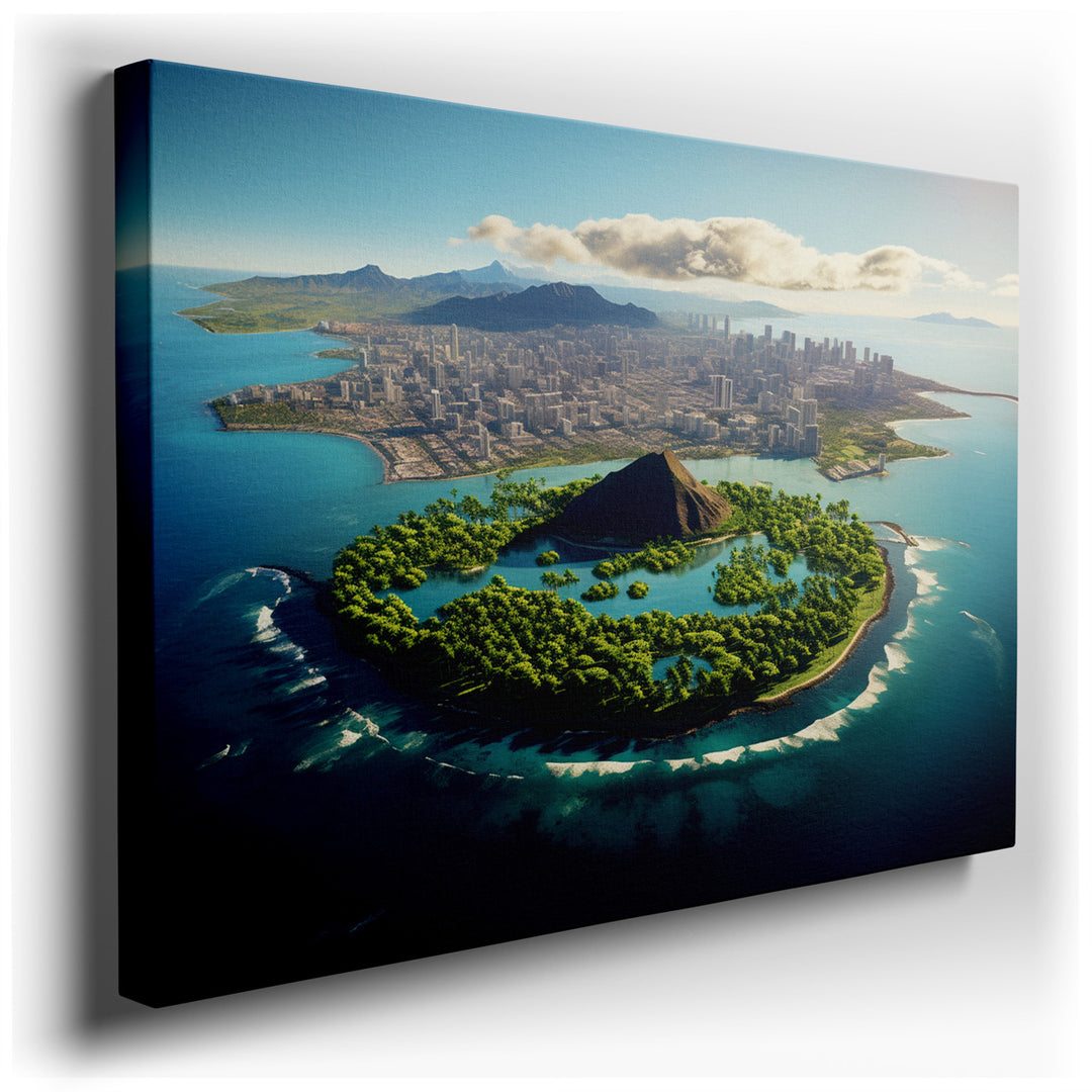 canvas print on wrapped canvas for wall decor – This wall art offers a stunning aerial perspective that masterfully captures the essence of a tropical island nestled in...