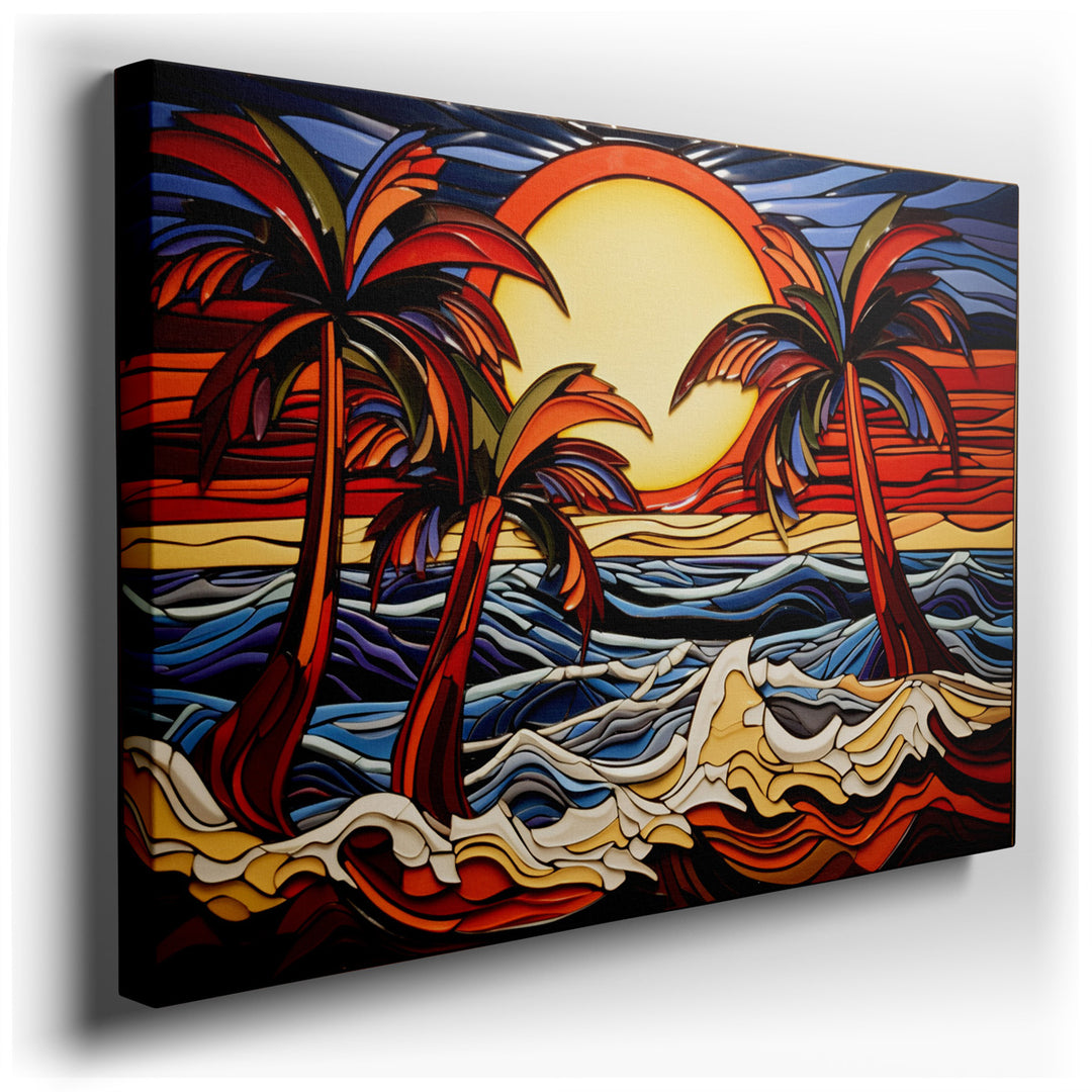 canvas print on wrapped canvas for wall decor – This exquisite wall art is a masterful portrayal of a serene sunset over the ocean, a scene that encapsulates the essenc...