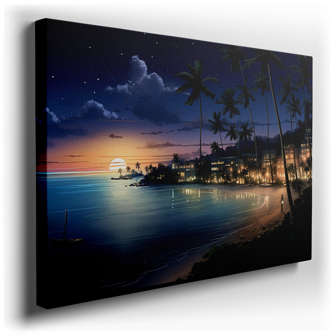 canvas print on wrapped canvas for wall decor – This enchanting wall art captures the essence of a tropical paradise at the magical moment of sunset, offering a visual...