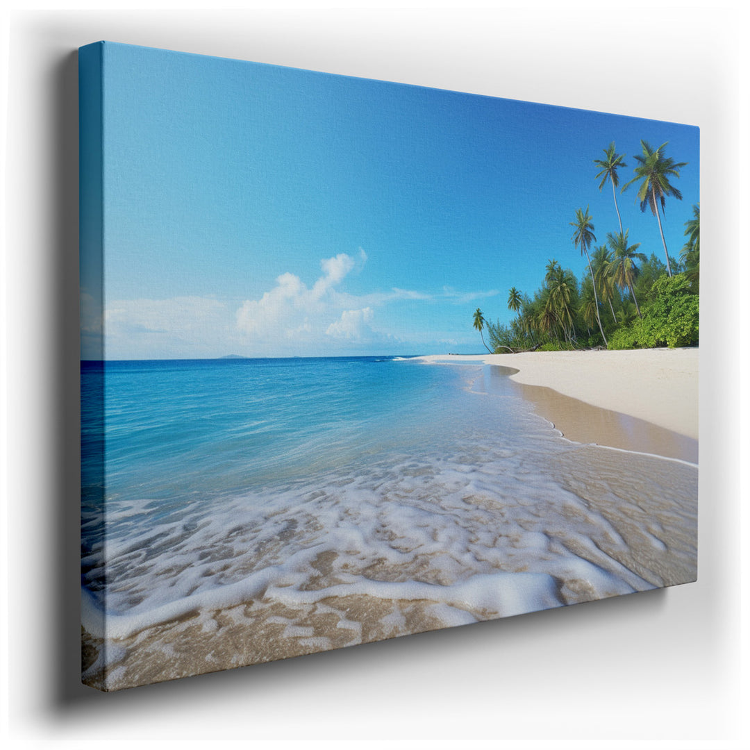 canvas print on wrapped canvas for wall decor – This enchanting wall art transports viewers to a serene tropical paradise, masterfully capturing the essence of a seclud...