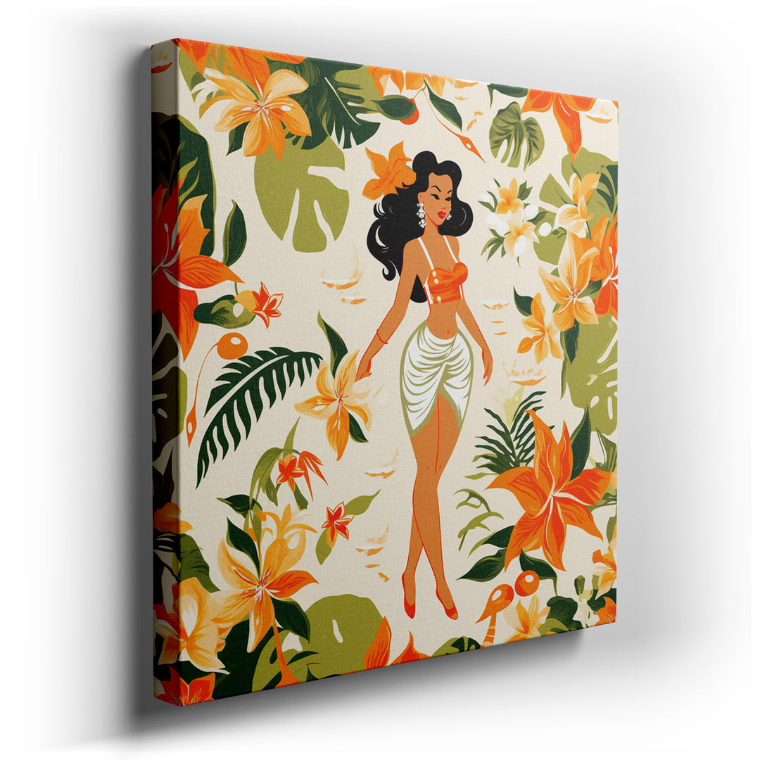 canvas print on wrapped canvas for wall decor – This enchanting wall art captures the serene beauty of a Hawaiian woman, set against a backdrop that bursts with the vib...