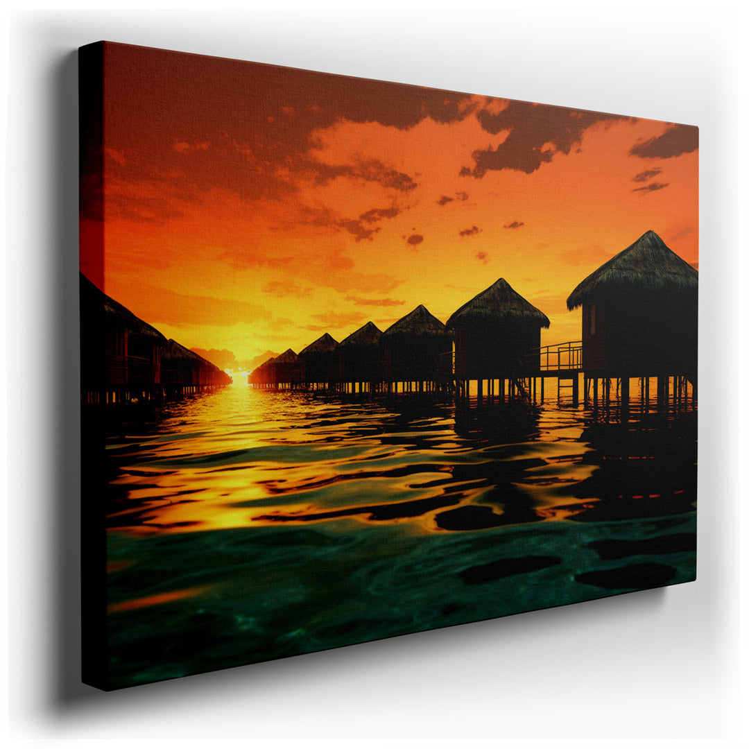canvas print on wrapped canvas for wall decor – Imagine a wall art that encapsulates the serene beauty of a tropical paradise at the golden hour, where the sun kisses t...