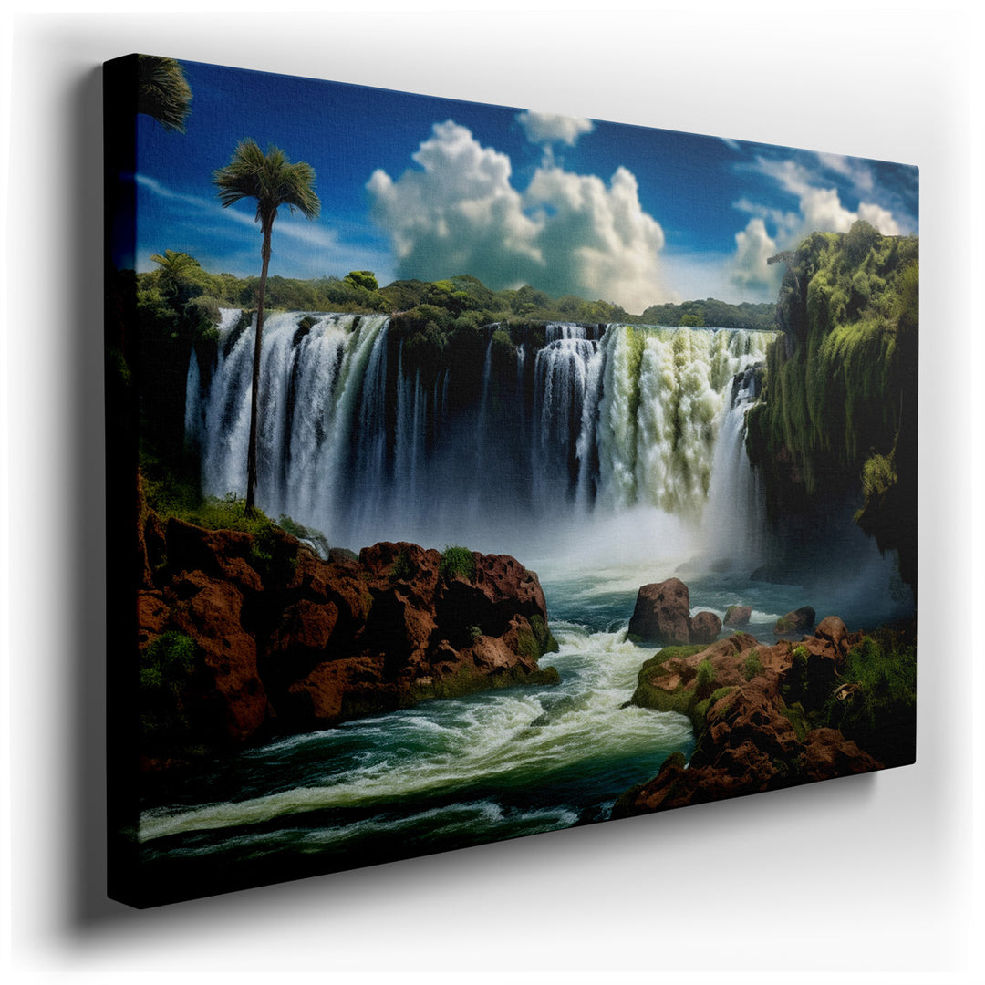 canvas print on wrapped canvas for wall decor – This enchanting wall art captures the breathtaking beauty of a secluded waterfall oasis, masterfully bringing the vibran...