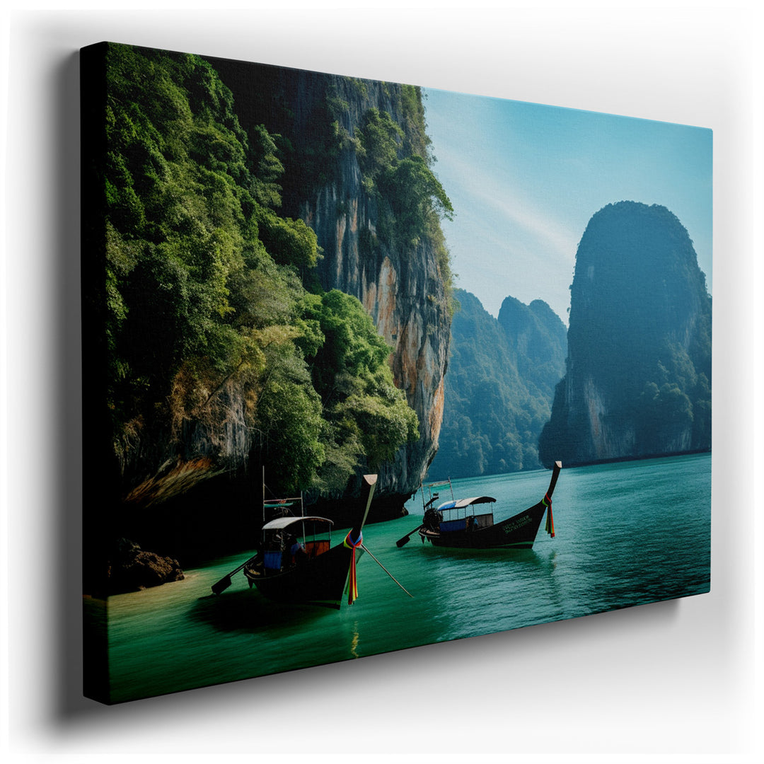 canvas print on wrapped canvas for wall decor – This captivating wall art transports viewers to a breathtaking tropical paradise, where traditional boats gently rest on...