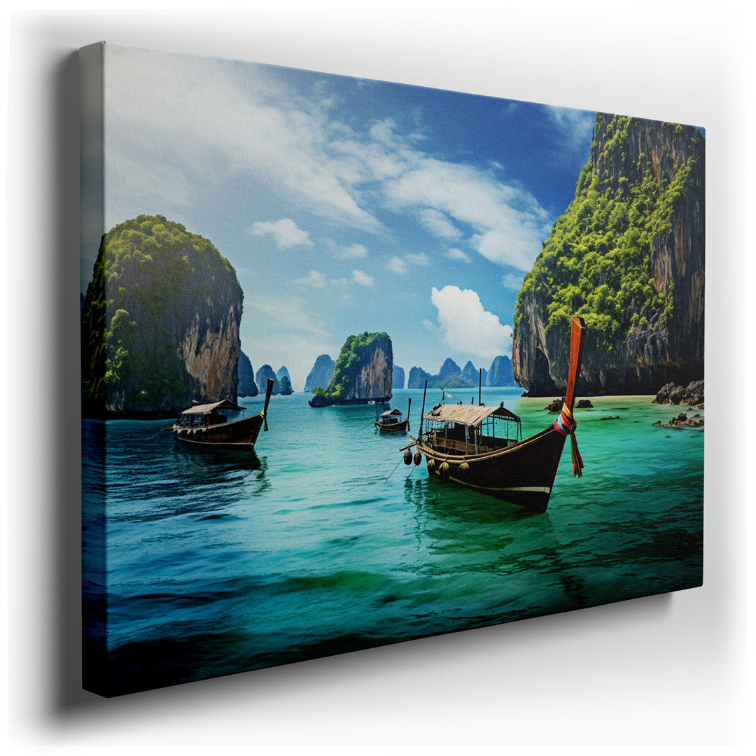 canvas print on wrapped canvas for wall decor – This exquisite wall art captures the essence of a tropical paradise with a breathtaking depiction of serene waters and m...