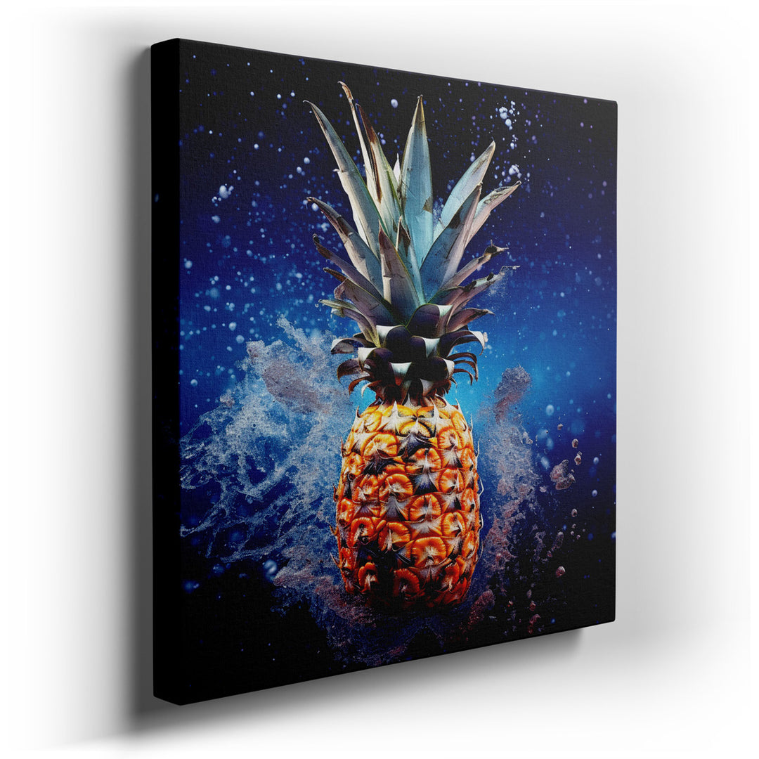 canvas print on wrapped canvas for wall decor – This wall art, a captivating portrayal of a vibrant pineapple splashing into a deep blue ocean-like background, is a mas...