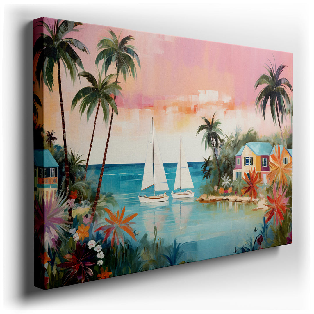 canvas print on wrapped canvas for wall decor – This enchanting wall art captures the essence of a tropical paradise, masterfully depicting a serene seascape that invit...