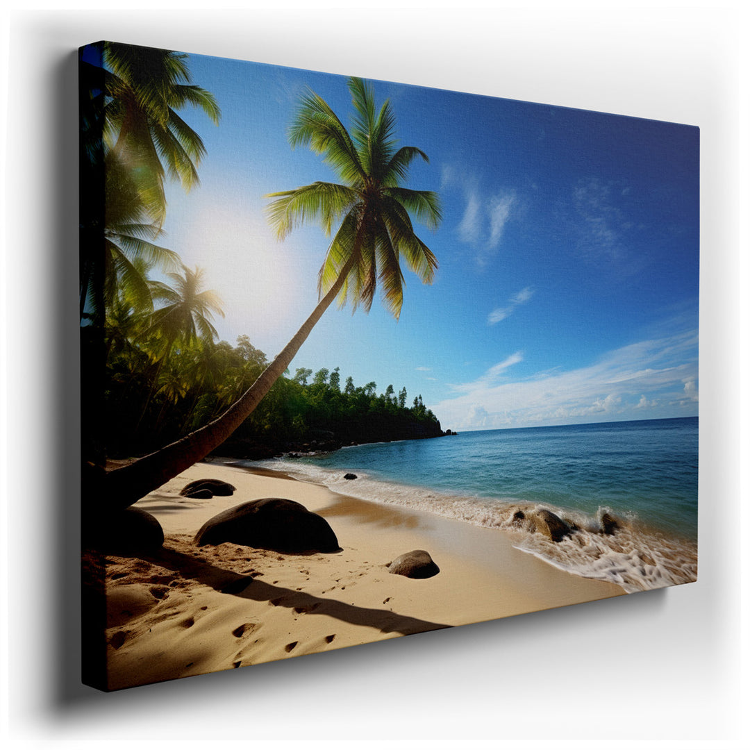 canvas print on wrapped canvas for wall decor – Imagine a wall art that encapsulates the essence of a serene tropical escape, where the gentle sway of palm trees and th...