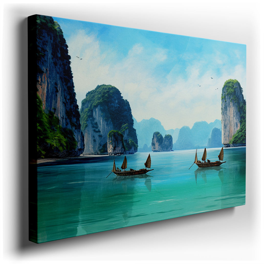 canvas print on wrapped canvas for wall decor – This wall art captures an idyllic tropical beach scene that is both serene and invigorating. It depicts traditional boat...