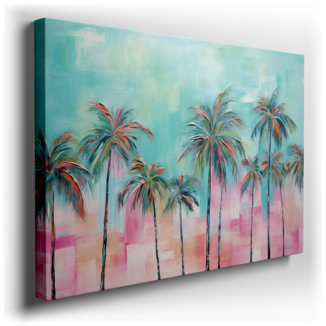 canvas print on wrapped canvas for wall decor – This enchanting wall art captures the essence of a tropical paradise with its row of stylized palm trees silhouetted aga...