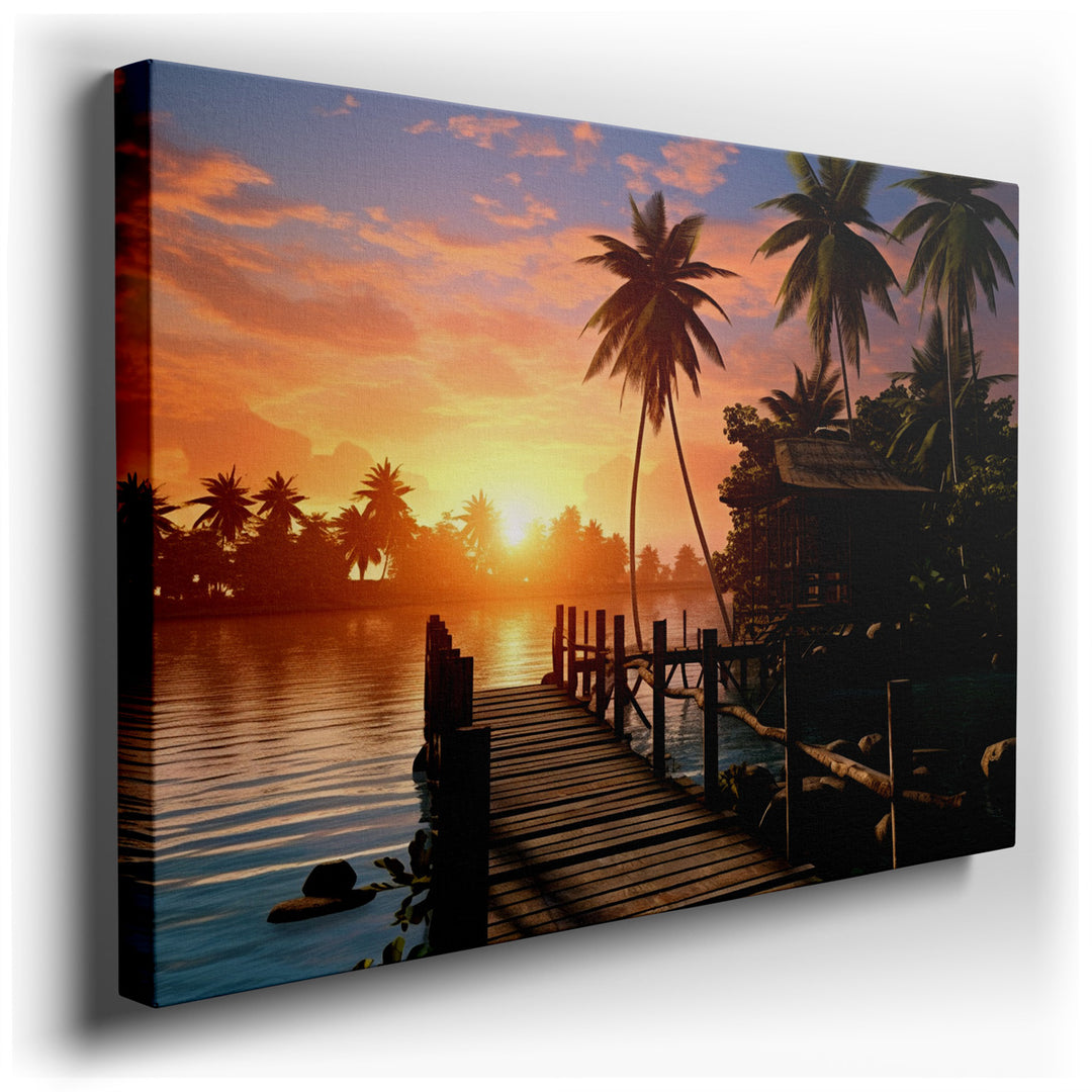 canvas print on wrapped canvas for wall decor – Imagine a wall art that captures the essence of a perfect tropical sunset, where the sky is a canvas of warm, glowing hu...