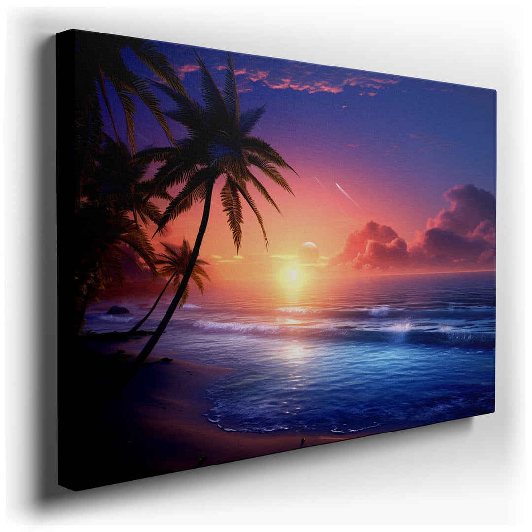 canvas print on wrapped canvas for wall decor – Imagine a wall art that captures the essence of a perfect tropical sunset, where the sky is ablaze with a palette of war...