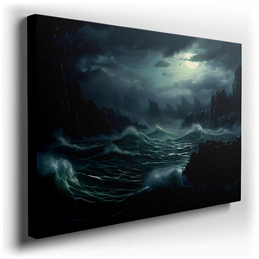 canvas print on wrapped canvas for wall decor – This wall art captures a dramatic seascape set beneath a moody and expansive sky, where the raw power of nature is vivid...
