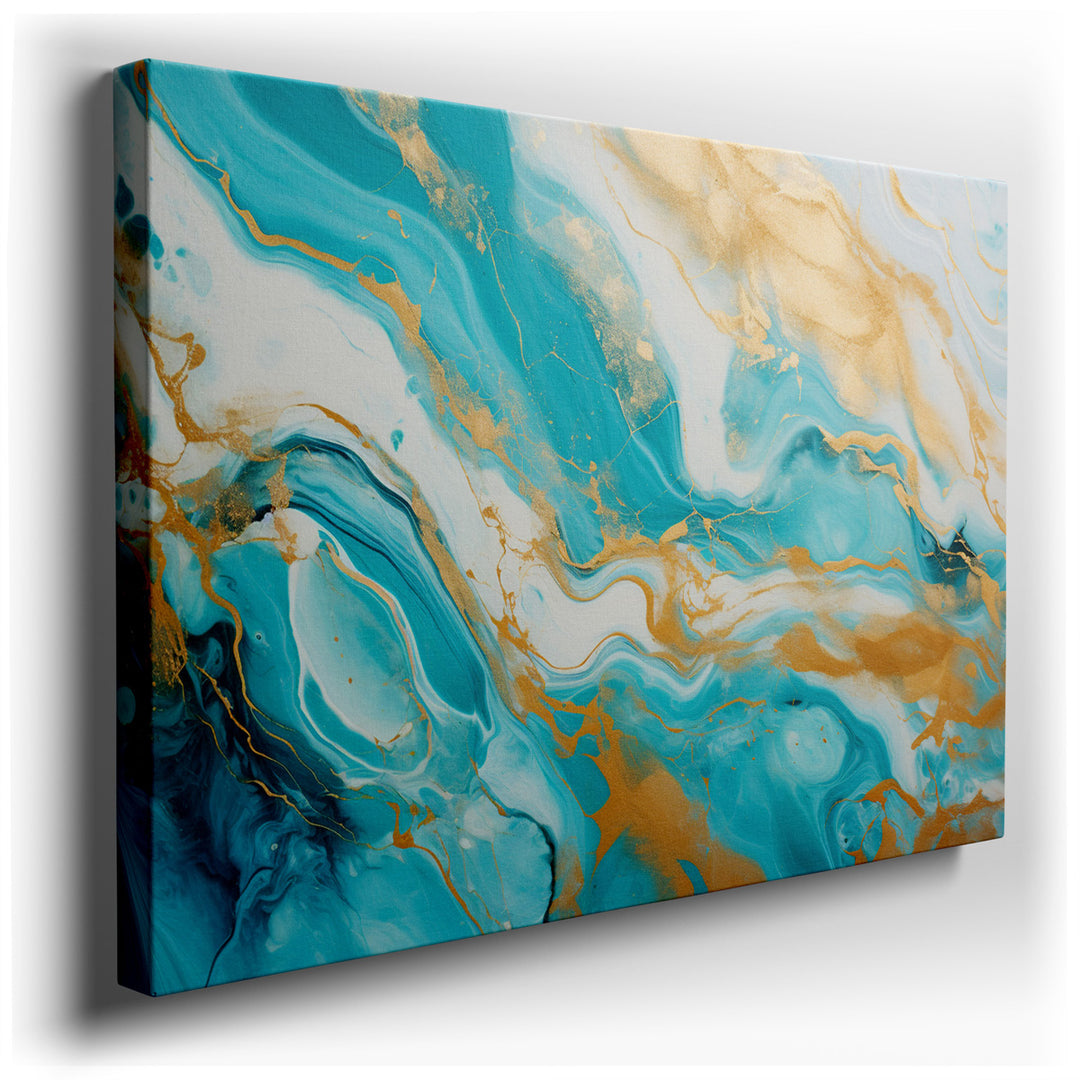 canvas print on wrapped canvas for wall decor – This wall art, a mesmerizing composition of swirling patterns in turquoise and gold, embodies a dynamic yet serene artis...