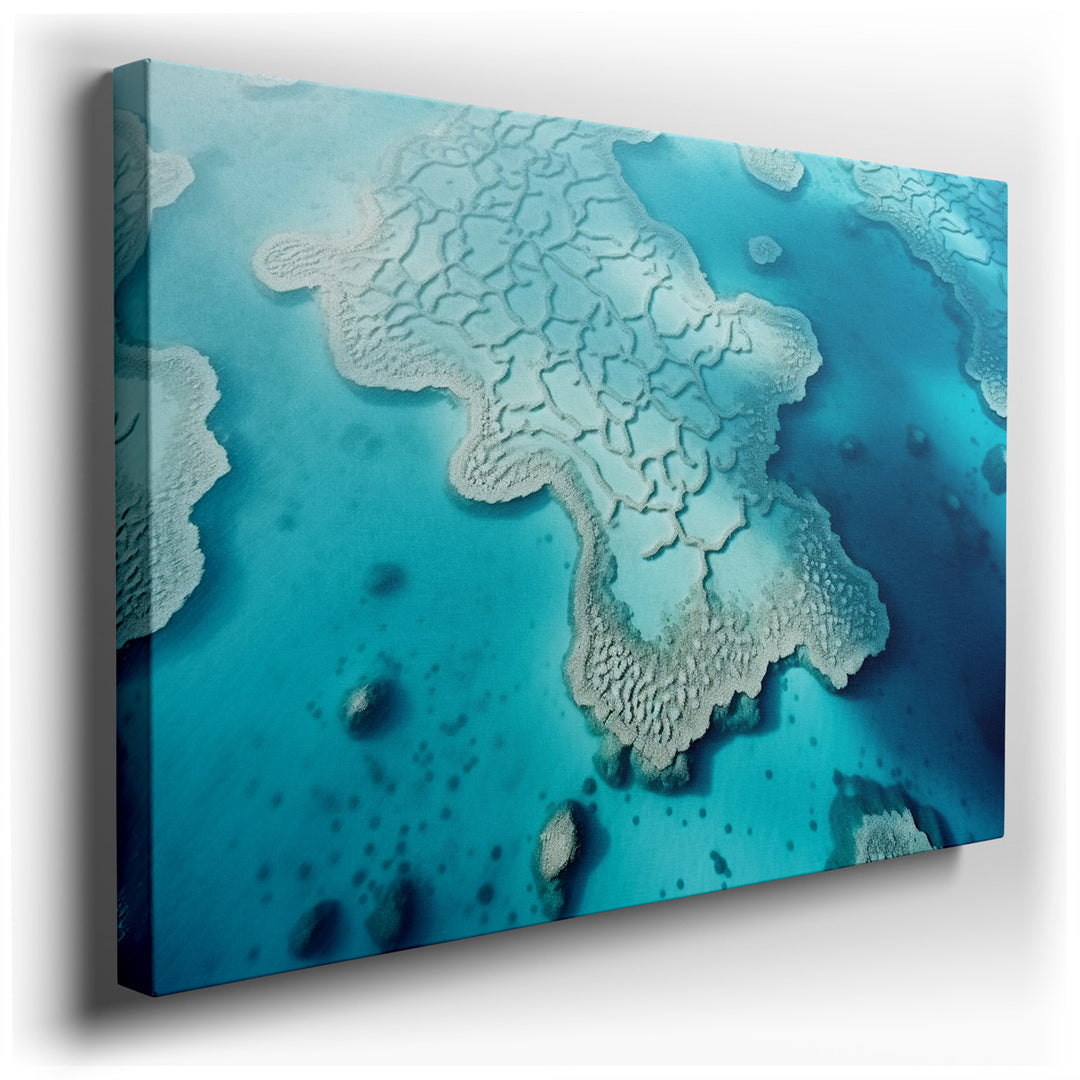 canvas print on wrapped canvas for wall decor – The wall art in question is a breathtaking aerial depiction of a coral reef, submerged beneath vibrant turquoise waters...