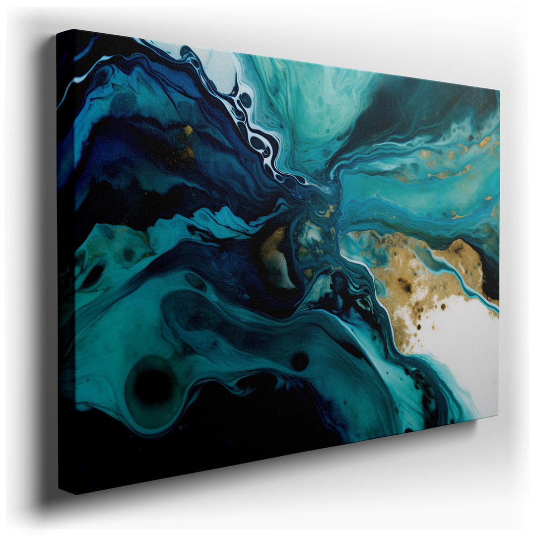 canvas print on wrapped canvas for wall decor – This exquisite wall art is a masterful representation of abstract art, where dynamic turquoise waves crash and swirl wit...