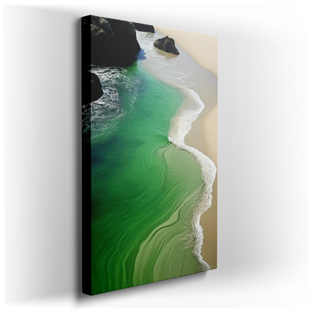 canvas print on wrapped canvas for wall decor – This exquisite wall art portrays a breathtaking beach scene, where the gentle embrace of turquoise waves and the soft, s...