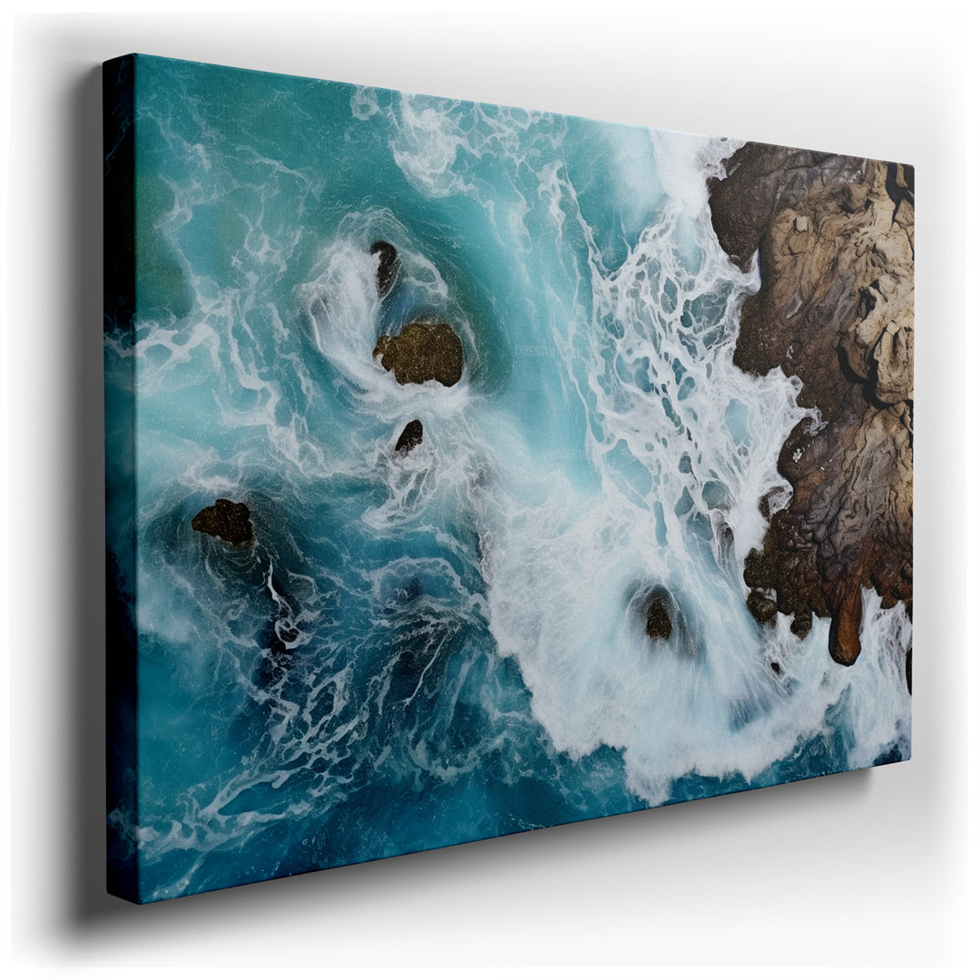 canvas print on wrapped canvas for wall decor – This wall art captures a breathtaking aerial perspective of where the ocean meets the land, a scene where the vibrant tu...