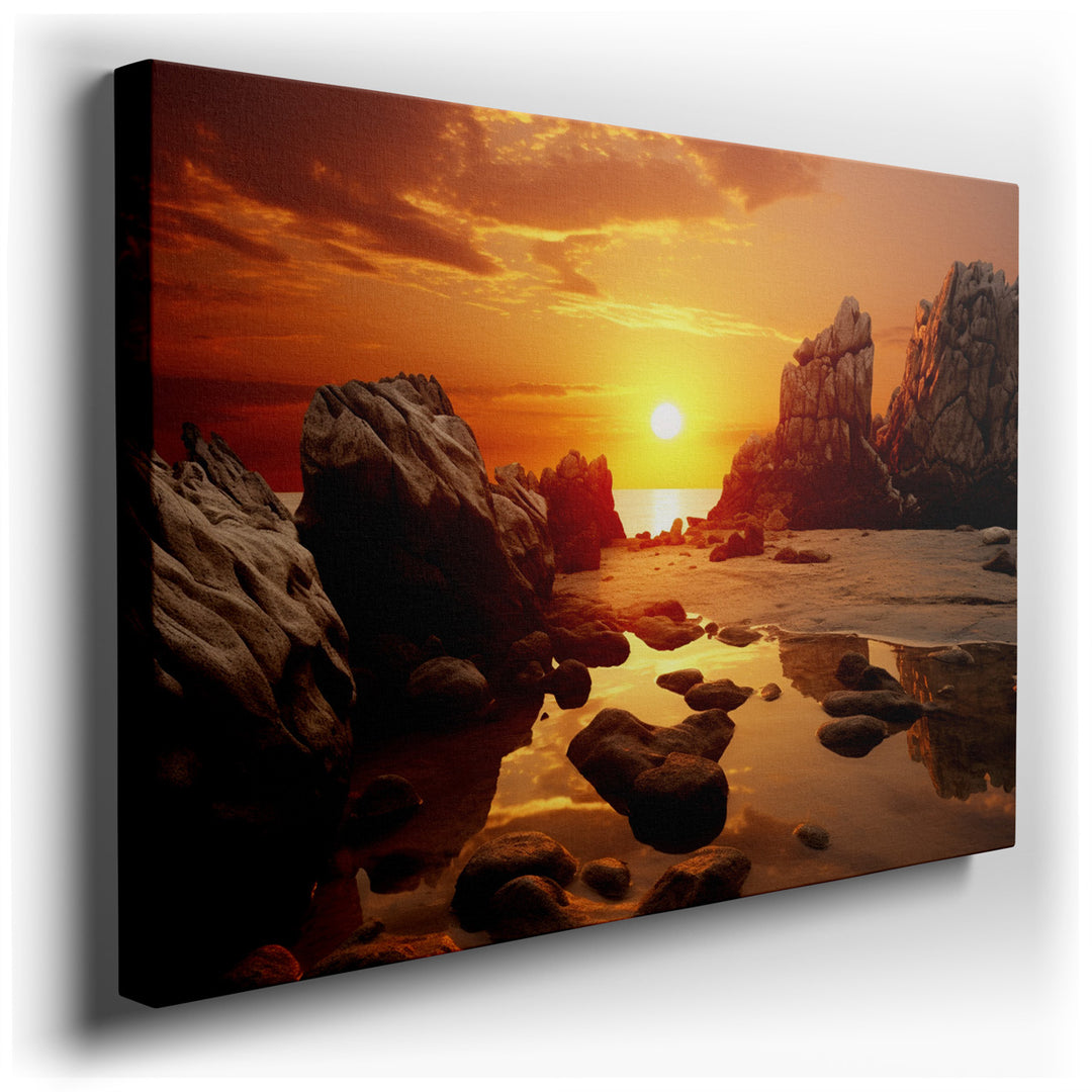canvas print on wrapped canvas for wall decor – This wall art captures an enchanting beach scene at twilight, a moment when the day's last light bathes the world in a w...