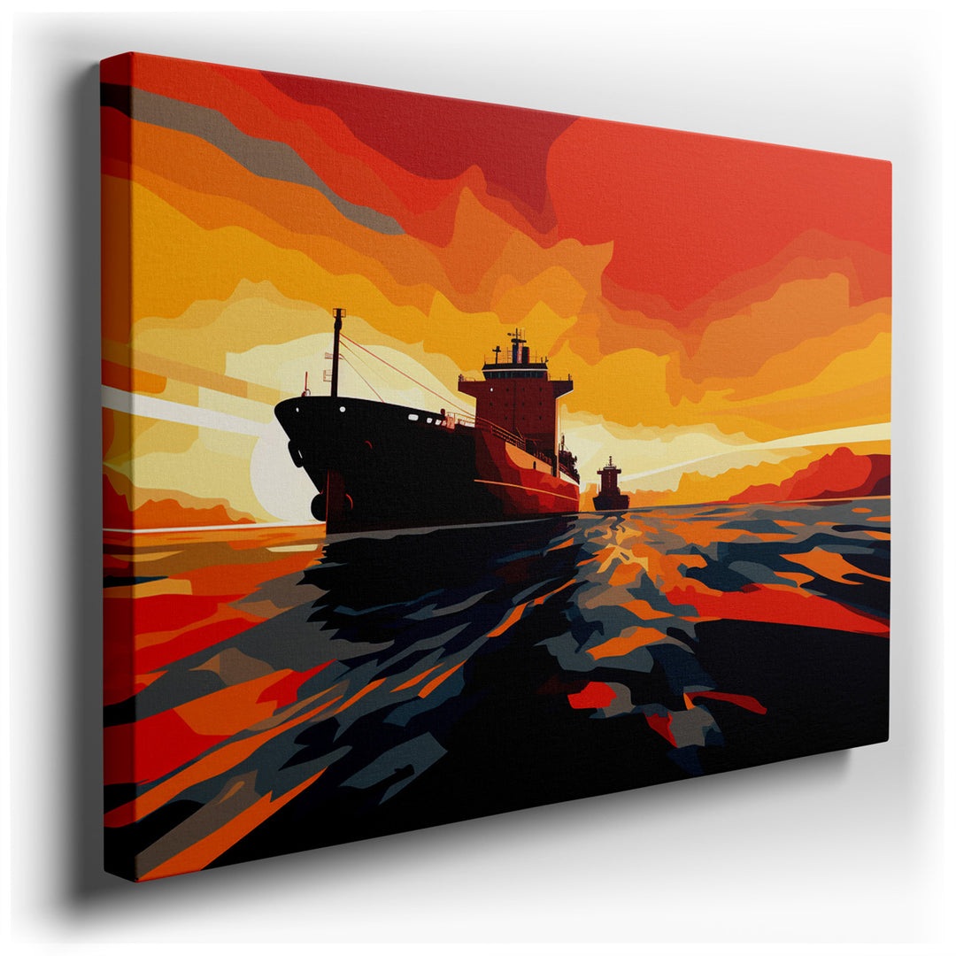 canvas print on wrapped canvas for wall decor – The wall art captures a serene yet dynamic maritime scene, where the silhouette of cargo ships gracefully punctuates the...