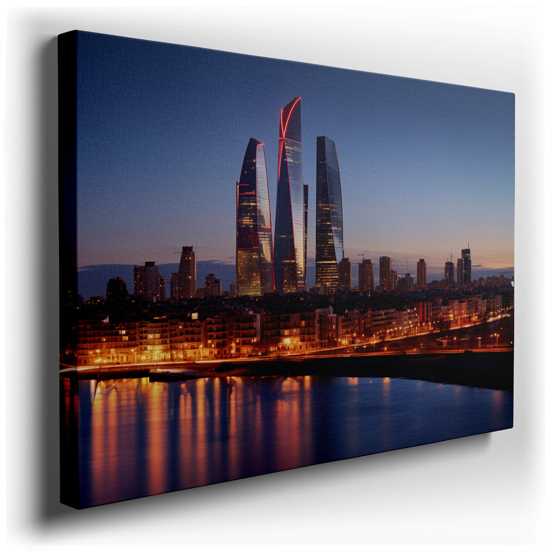 canvas print on wrapped canvas for wall decor – This captivating wall art masterfully captures the essence of a bustling metropolis at twilight, presenting a dynamic sk...