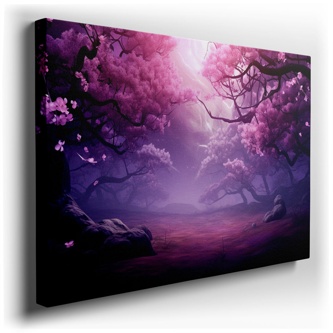 canvas print on wrapped canvas for wall decor – This enchanting wall art, a masterful depiction of a magical forest brimming with blooming cherry blossoms, is a true fe...