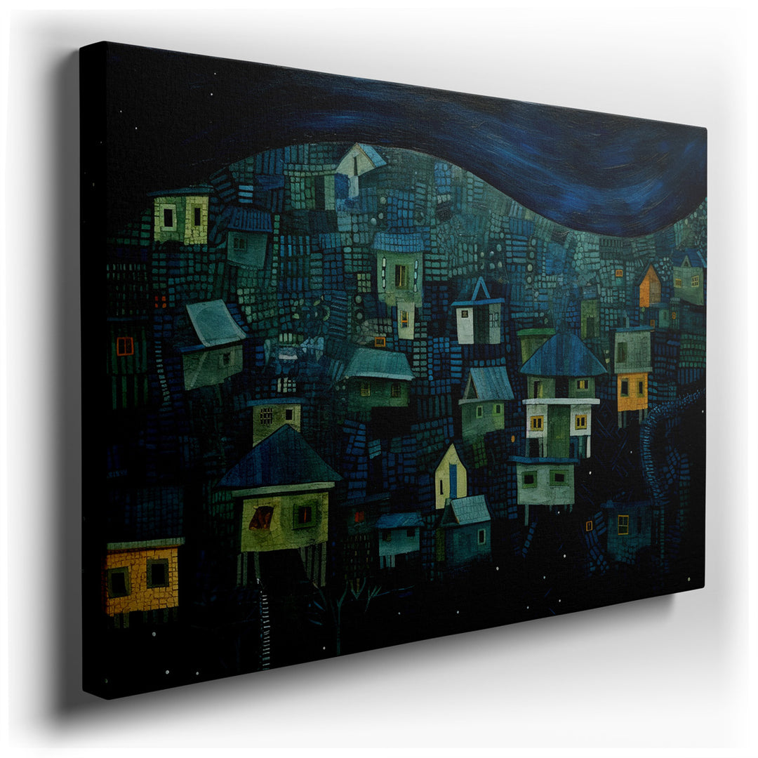 canvas print on wrapped canvas for wall decor – This enchanting wall art, a nightscape brimming with charm and character, captures a serene village scene under the cloa...