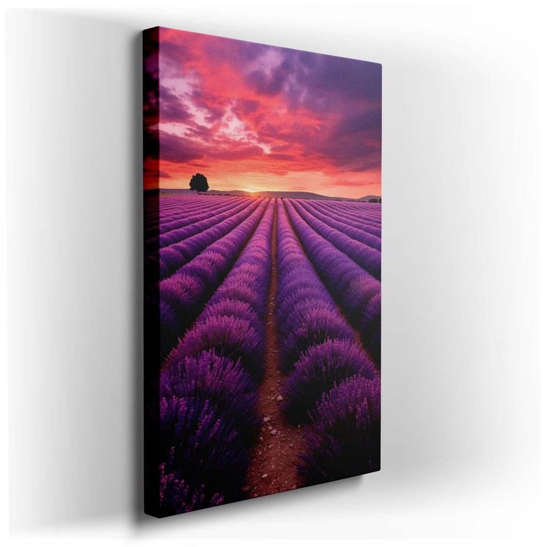 canvas print on wrapped canvas for wall decor – This wall art captures the enchanting essence of lavender fields at twilight, a scene that is both tranquil and dramatic...