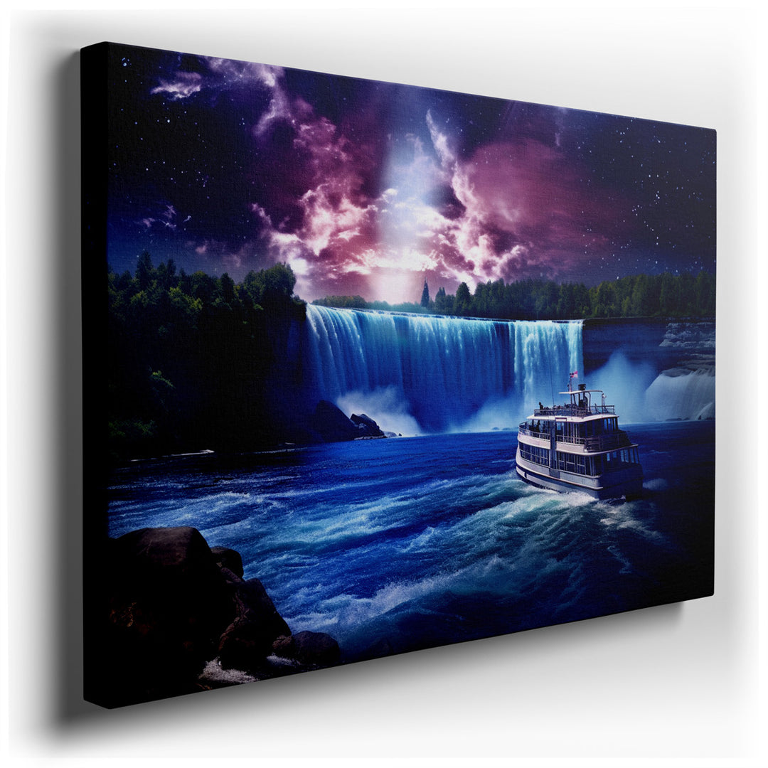 canvas print on wrapped canvas for wall decor – This wall art, a stunning depiction of nature's grandeur, captures the essence of a majestic waterfall cascading down a...