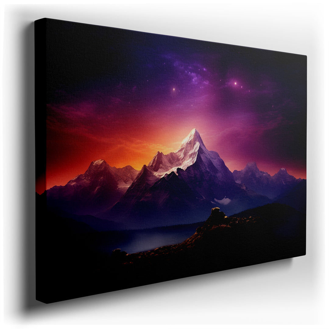 canvas print on wrapped canvas for wall decor – This wall art, a masterful depiction of a majestic mountain peak bathed in the hues of twilight, is an exquisite represe...