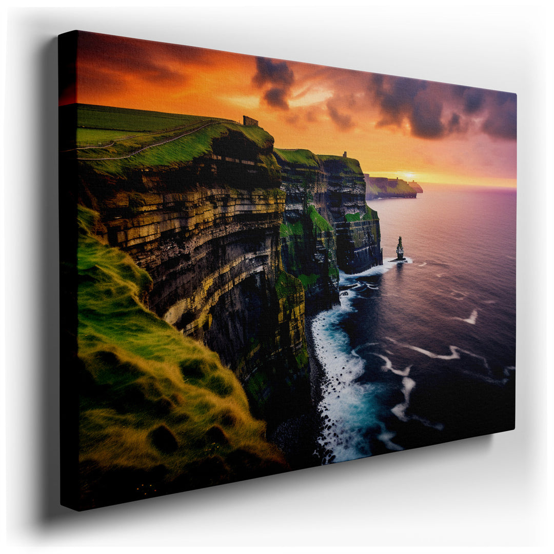 canvas print on wrapped canvas for wall decor – This wall art captures a breathtaking seaside scene at twilight, where the majesty of towering cliffs meets the gentle e...