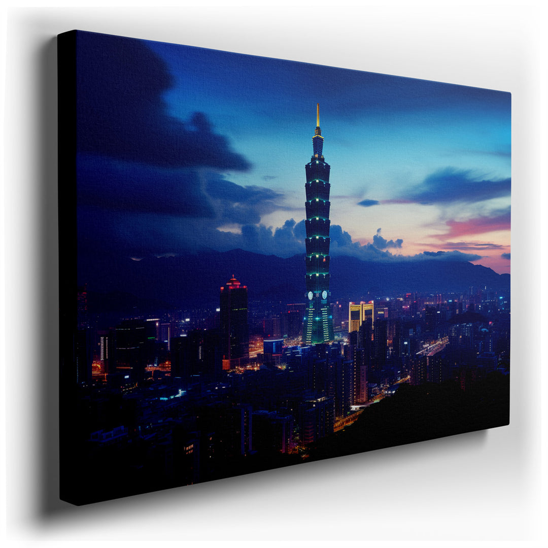 canvas print on wrapped canvas for wall decor – This wall art captures a breathtaking twilight scene of Taipei, focusing on the iconic Taipei 101 tower, which stands ma...