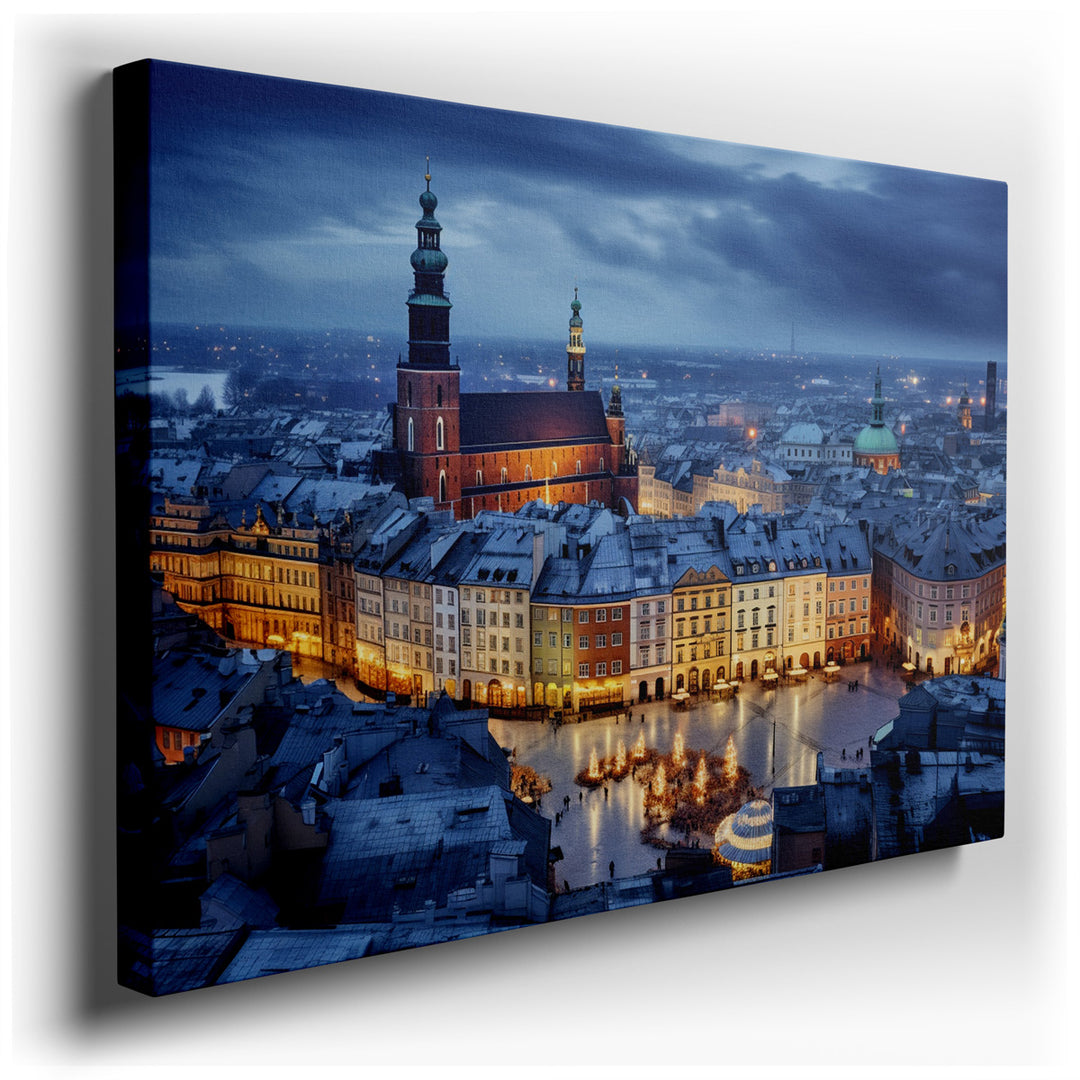 canvas print on wrapped canvas for wall decor – The wall art in question is a mesmerizing aerial depiction of a historic Polish city as it embraces the enchanting hour...
