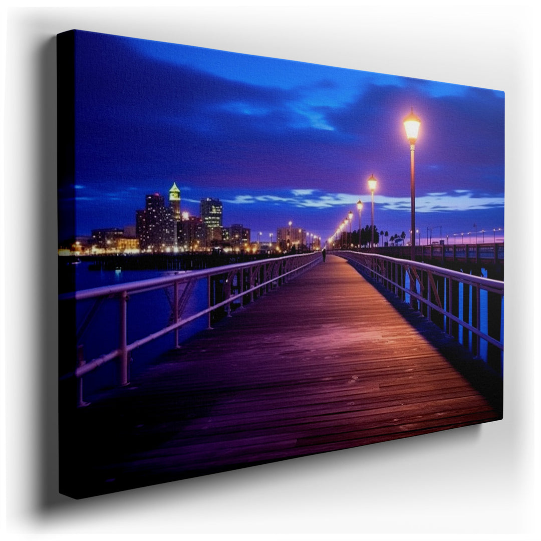 canvas print on wrapped canvas for wall decor – This wall art, a captivating depiction of a pier at twilight, masterfully bridges the gap between the bustling energy of...