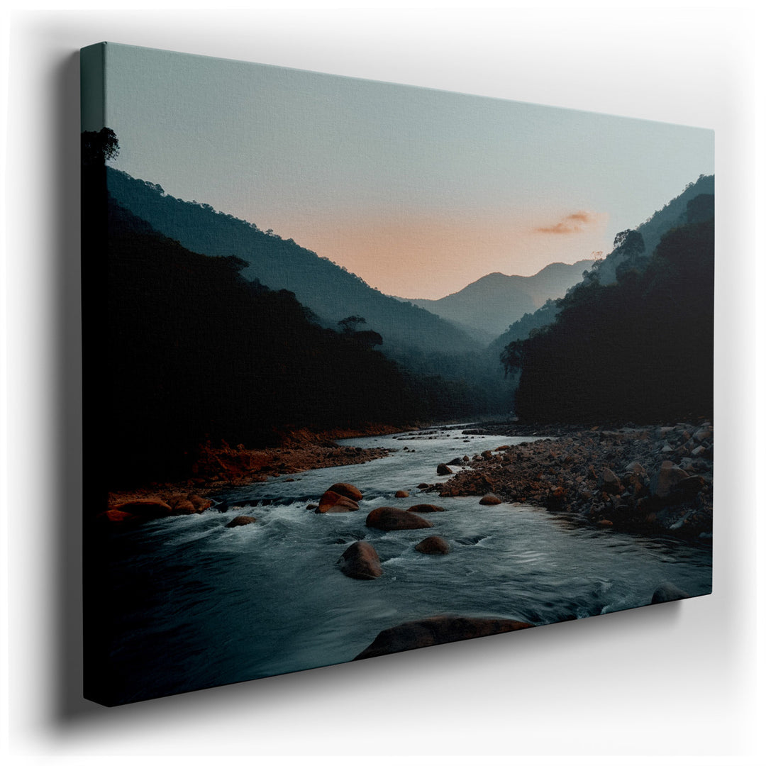 canvas print on wrapped canvas for wall decor – This exquisite wall art captures the serene beauty of a mountain river at twilight, offering a visual retreat into natur...