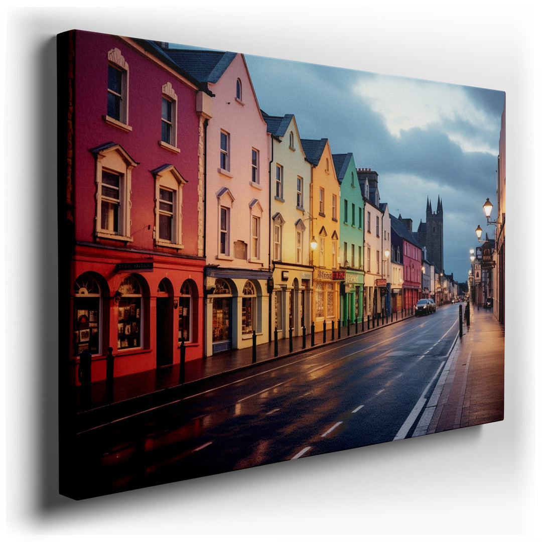 canvas print on wrapped canvas for wall decor – This captivating wall art masterfully portrays a twilight scene in a quaint, historic town, where the viewer is drawn in...