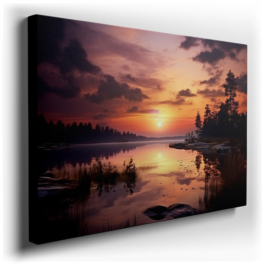 canvas print on wrapped canvas for wall decor – This enchanting wall art captures the serene beauty of a twilight scene, where the calmness of a secluded lake is the ce...