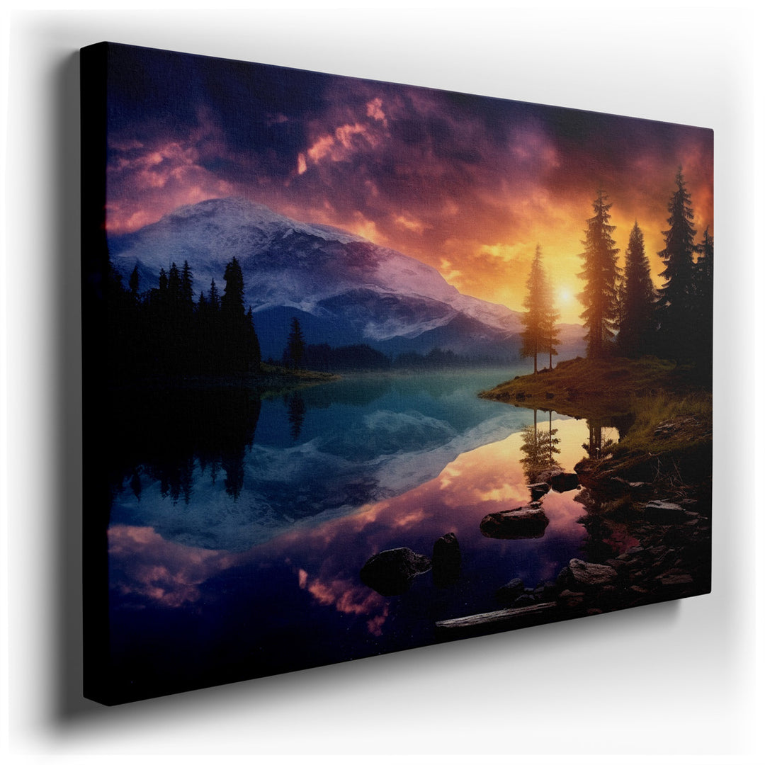 canvas print on wrapped canvas for wall decor – This wall art is a masterful depiction of the serene and magical moments at twilight, a time when the sky transforms int...