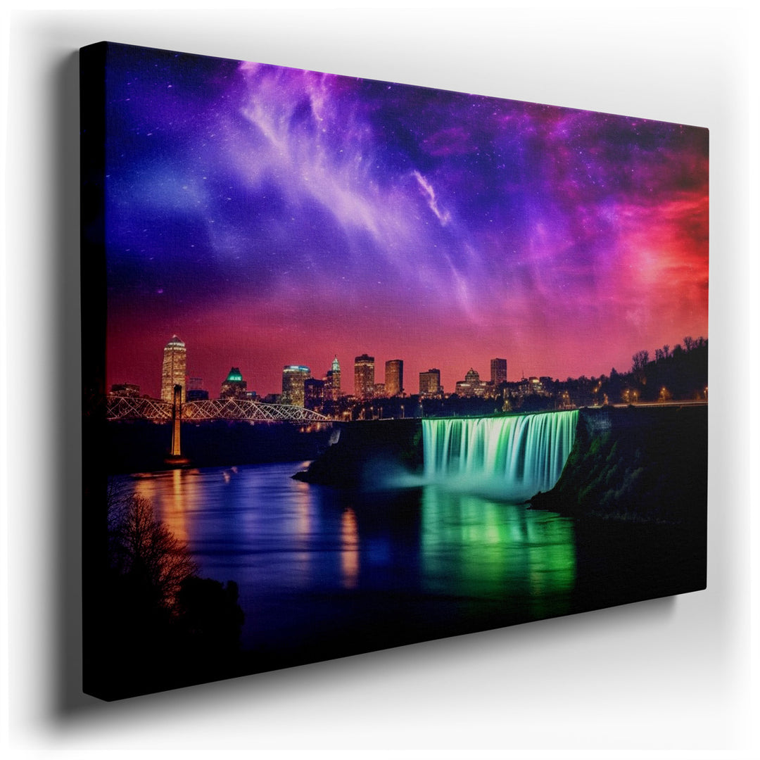 canvas print on wrapped canvas for wall decor – This wall art, a stunning urban nightscape, masterfully captures the essence of a city alive with light and energy, set...