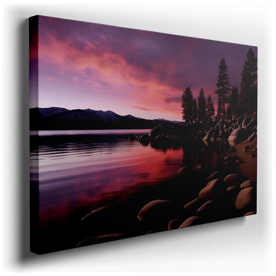 canvas print on wrapped canvas for wall decor – This enchanting wall art captures a serene lakeside scene at twilight, a moment when nature whispers its lullabies and t...