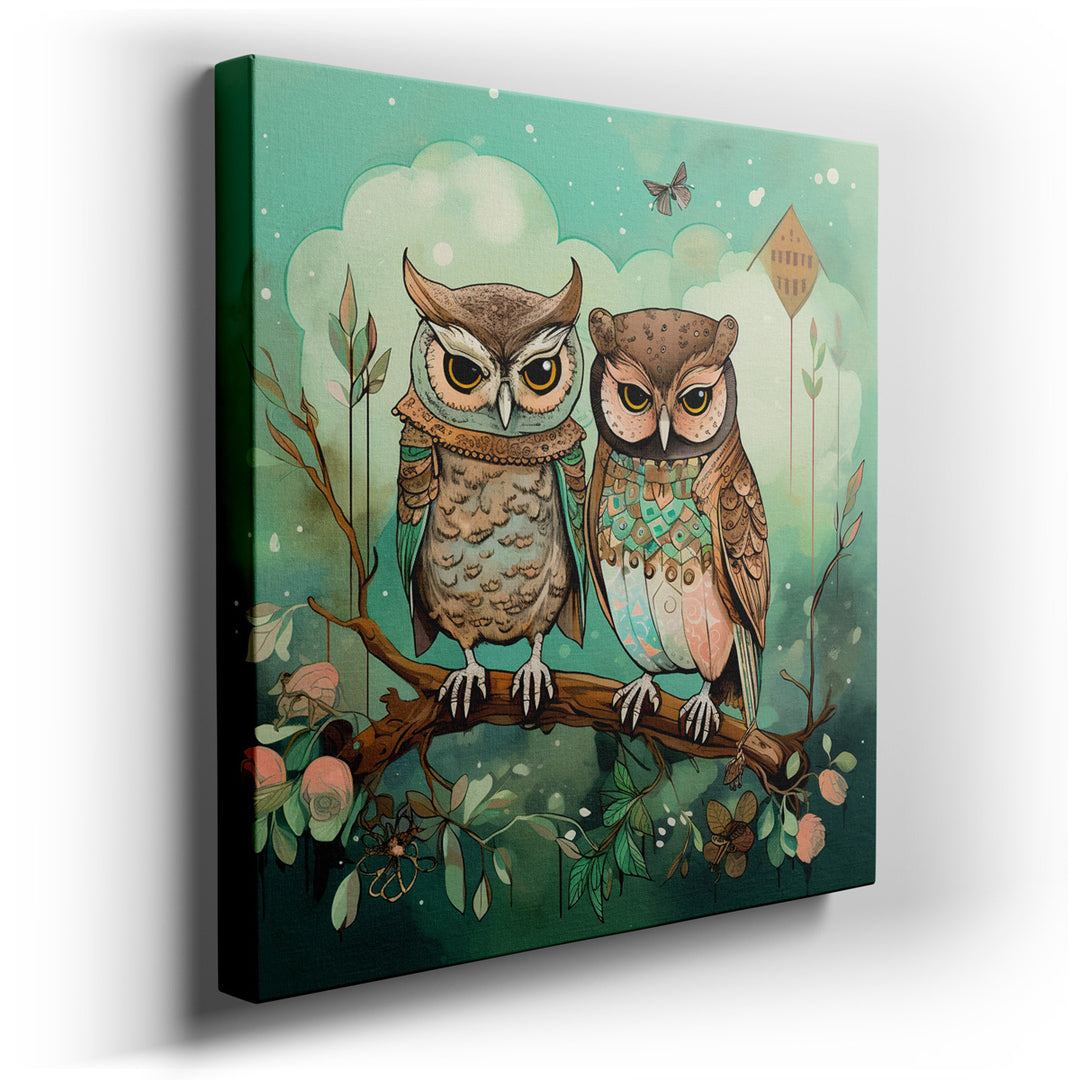 canvas print on wrapped canvas for wall decor – This enchanting wall art captures the serene and mystical essence of two owls, each portrayed with exquisite detail and...