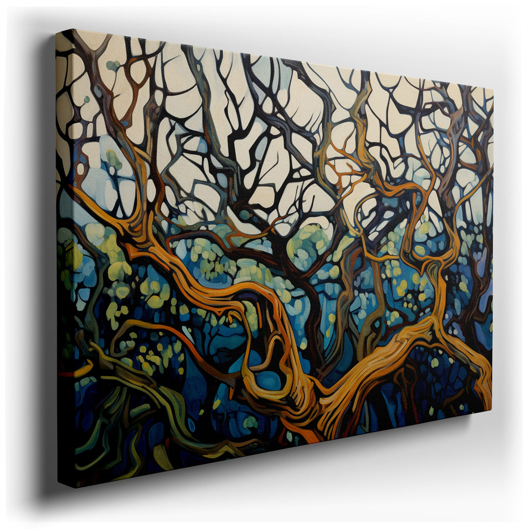 canvas print on wrapped canvas for wall decor – This captivating wall art presents a mesmerizing close-up of twisted branches, each limb intricately woven around the ot...