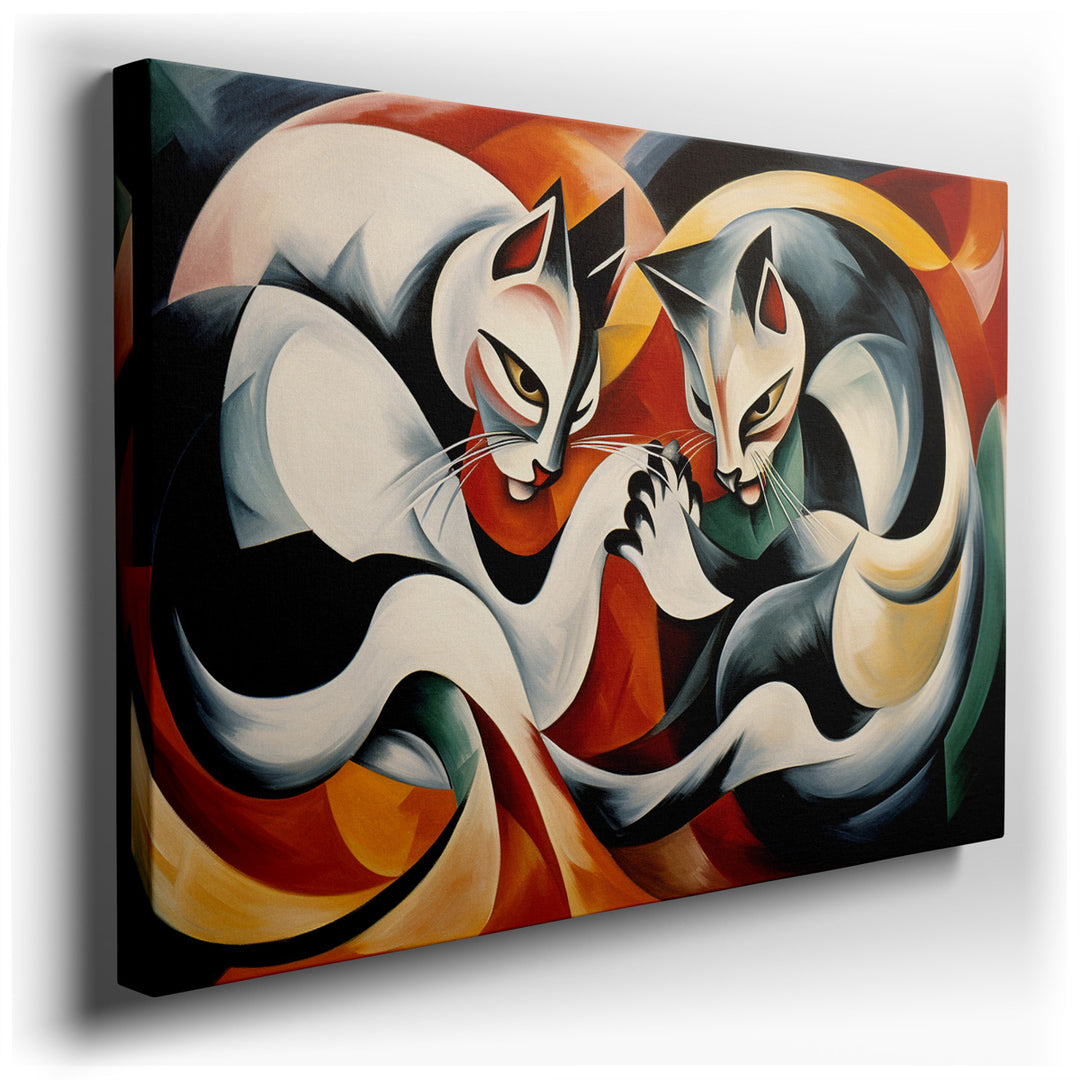 canvas print on wrapped canvas for wall decor – This wall art, a mesmerizing depiction of two elegant cats in an intimate embrace, is a masterpiece of color and emotion...