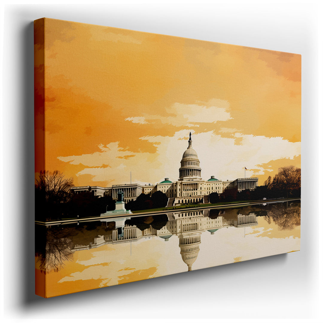 canvas print on wrapped canvas for wall decor – This wall art captures a serene and majestic view of the U.S. Capitol building, a symbol of democracy and governance, mi...