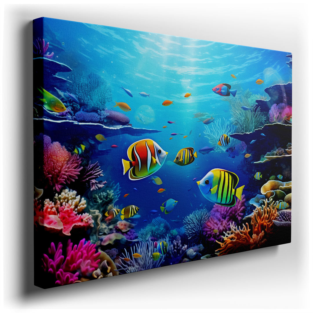 canvas print on wrapped canvas for wall decor – This wall art, a mesmerizing underwater tableau, is a vivid portrayal of marine biodiversity, capturing the dynamic esse...