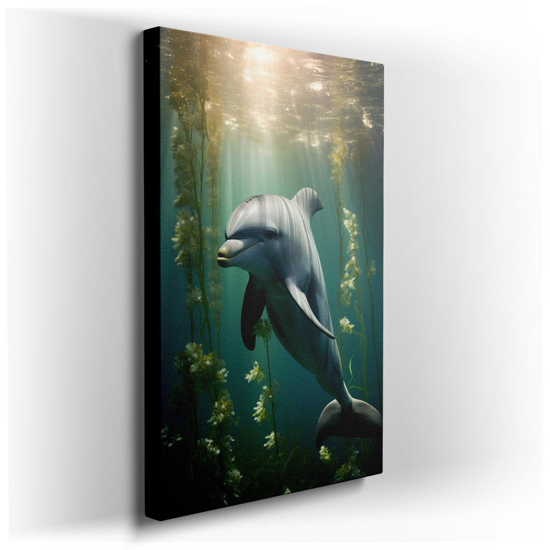 canvas print on wrapped canvas for wall decor – Imagine a wall art that captures the essence of a serene underwater realm, where a dolphin glides gracefully through a l...